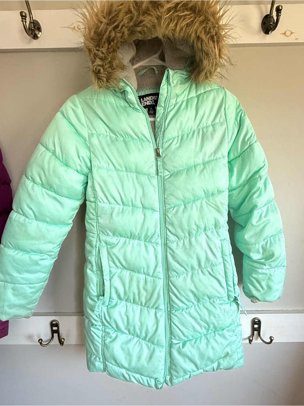 Lands' End Mint Green Girls' Puffer Coat with Faux Fur Hood